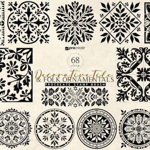 May include: A collection of black decorative tile and folk ornamental designs. The image includes various square and circular patterns with floral and geometric motifs. Text reads "Decorative Tile & Folk Ornamentals" and "68 stamp".