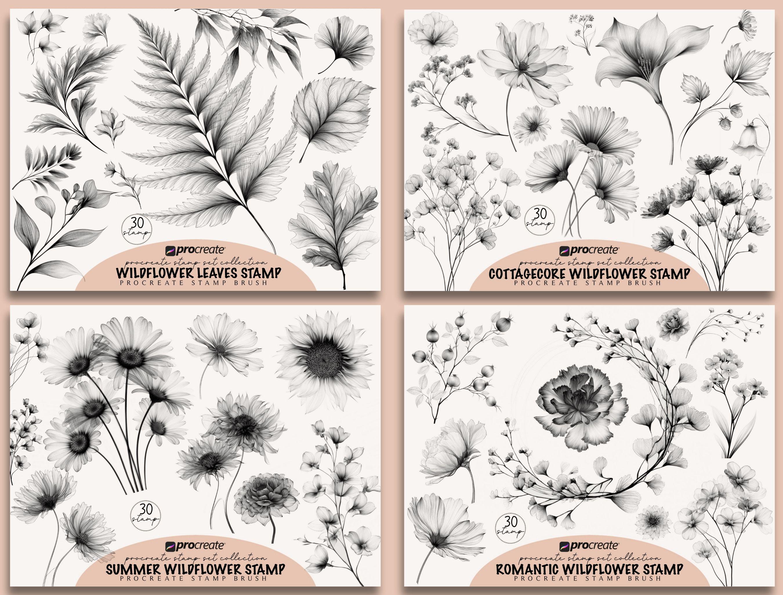 Wildflower Procreate Stamp Brush Set: Botanical Tattoo Design (digital ...