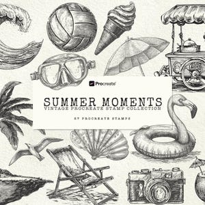 May include: A set of vintage Procreate stamps with a summer theme. The image features illustrations of a wave, volleyball, ice cream cone, beach umbrella, ice cream cart, palm tree, diving mask, flamingo float, surfboard, and more. Text reads "Summer Moments".