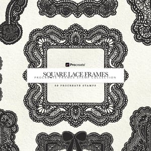 Può includere: Una collezione di cornici quadrate in pizzo nero con disegni intricati. L'immagine presenta vari stili di cornici, inclusi quelli con accenti floreali e fiocchi. Il testo sull'immagine recita "SQUARE LACE FRAMES" e "39 PROCREATE STAMPS".