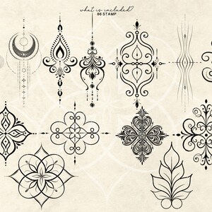 May include: A collection of black ornamental design stamps on a cream background. The stamps feature various symmetrical patterns, including floral, geometric, and abstract shapes. The text "what is included? 86 STAMP" is at the top.