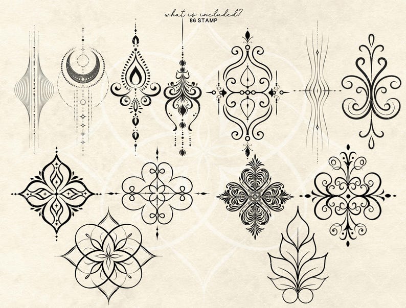 May include: A collection of black ornamental design stamps on a cream background. The stamps feature various symmetrical patterns, including floral, geometric, and abstract shapes. The text "what is included? 86 STAMP" is at the top.