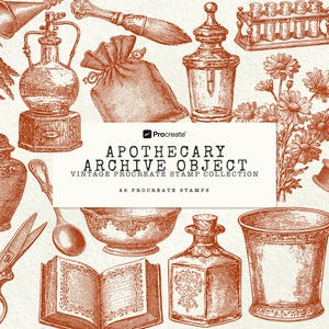 Pennelli per timbri vintage da farmacia per Procreate, clipart vintage, incisione, oggetti di stregoneria, design per tatuaggi flash, set di pennelli per Procreate per iPad