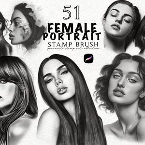 May include: A set of 51 female portrait stamp brushes for Procreate, presented in grayscale. The image showcases diverse illustrations of women with varied hairstyles and expressions. The text "51 FEMALE PORTRAIT STAMP BRUSH" is visible.