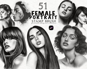 Carimbo realista de retrato feminino para Procreate, carimbos de retrato digital, carimbo de pincel de rosto feminino, design para Procreate, carimbo de design de tatuagem realista