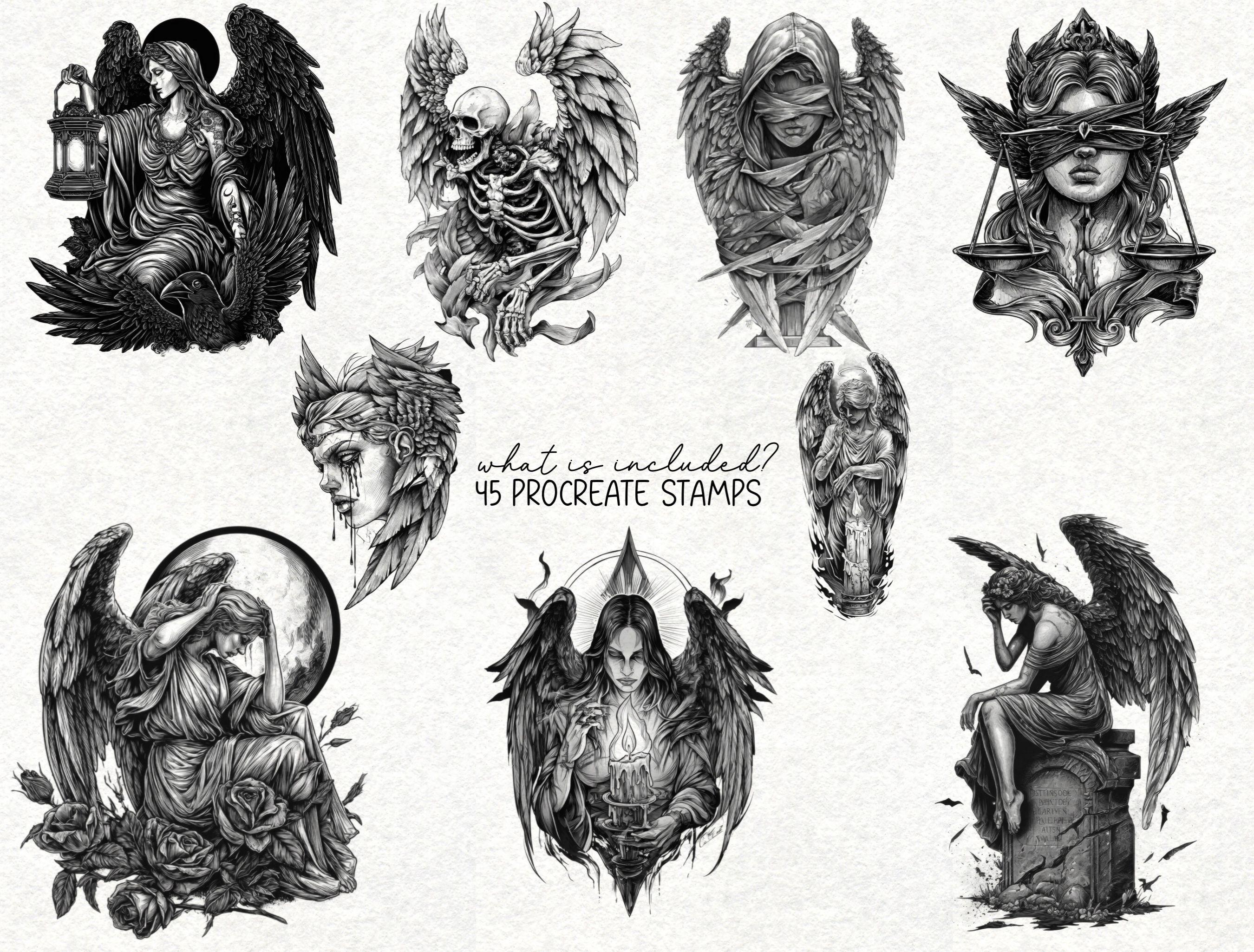 Gothic Angel Tattoo Procreate Stamps: Dark Mystical Brush Set (digital ...