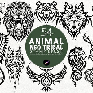 May include: A set of 54 black and white neo-tribal animal designs, including a lion, wolf, bear, and eagle. The designs are displayed around a dark green circle with the text "54 ANIMAL NEO TRIBAL STAMP BRUSH".