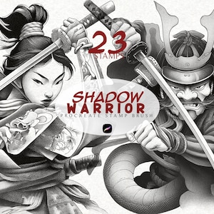 Könnte beinhalten: Schwarz-Weiß-Illustration von zwei Samurai-Kriegern, die sich mit gezogenen Schwertern gegenüberstehen. Der Text "23 STAMPS" und "SHADOW WARRIOR PROCREATE STAMP BRUSH" ist enthalten. Das Kunstwerk zeigt detaillierte Schattierungen und traditionelle japanische Rüstungen.