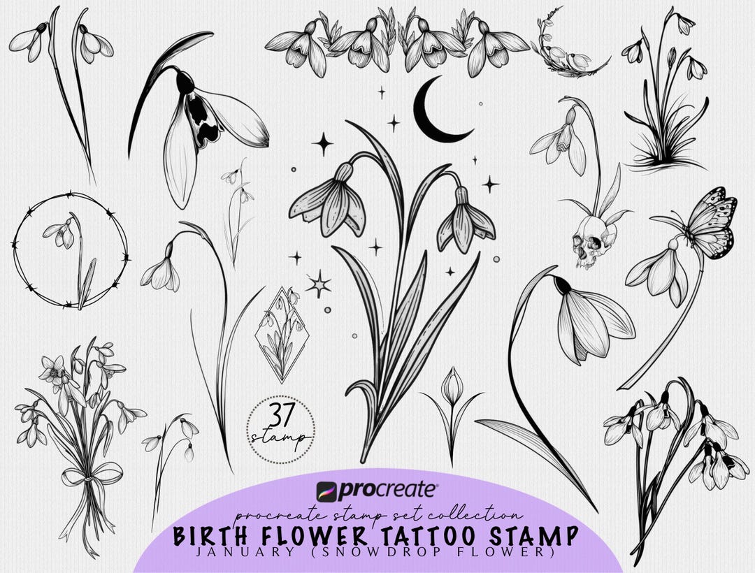 Snowdrop Birth Flower Tattoo Design Procreate Stamp Brush Bundle ...