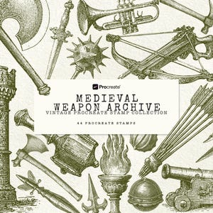 Medieval Weapon Procreate Stamp Brushes Vintage Sword Axe Shield Clipart Engraving Tattoo Flash Design Procreate Brush Set iPad Art