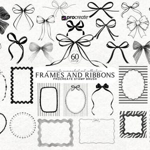 May include: A collection of black and white digital illustrations featuring various bow designs and decorative frames. The designs include bows with different styles and frames with scalloped, oval, and rectangular shapes. The text "FRAMES AND RIBBONS" is also visible.
