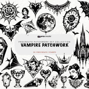 May include: A collection of 30 black and white digital stamps titled Vampire Patchwork Procreate Patchwork Set Collection. The set features gothic illustrations including coffins, bats, roses, castles, chalices, candles, and vampire portraits.