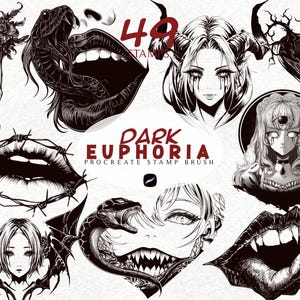 May include: A collection of dark, gothic-themed Procreate stamp brushes. The black and white illustrations include images of snakes, lips, demons, and other fantasy elements. The text "DARK EUPHORIA" is also visible.