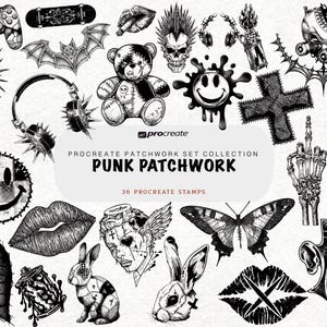 May include: A collection of 36 black and white digital stamps titled Procreate Patchwork Set Collection Punk Patchwork. The set features various illustrations including a skull, a teddy bear, a butterfly, lips, a rabbit, and a game controller.