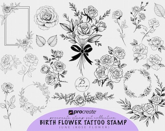 Rose Birth Month Flower Tattoo Designs for Procreate Tattoo Stamp Brush Minimalist Fine Line Tattoo Flash Sheet Floral Tattoo Stencil