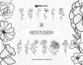 Birth Flower Tattoo Procreate Stamp Brushes Bundle Fine Line Tattoo Flash Design Procreate Floral Feminine Tattoo Brush Set