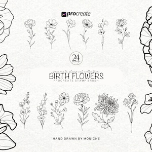 May include: A set of 24 black and white floral stamp brushes for Procreate, showcasing various line art flower designs. The image includes text reading "BIRTH FLOWERS" and "HAND DRAWN BY MONICHE", with a range of floral illustrations.