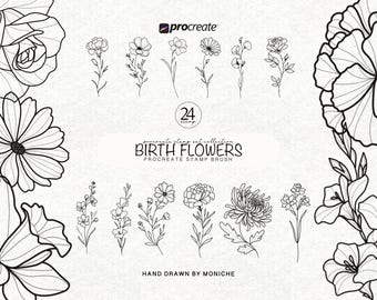 Geboortebloemtattoo Voortplanten Stempelborstels Bundel Fijne lijn tattoo Flitsontwerp Voortplanting Bloemen Vrouwelijke tattooborstelset