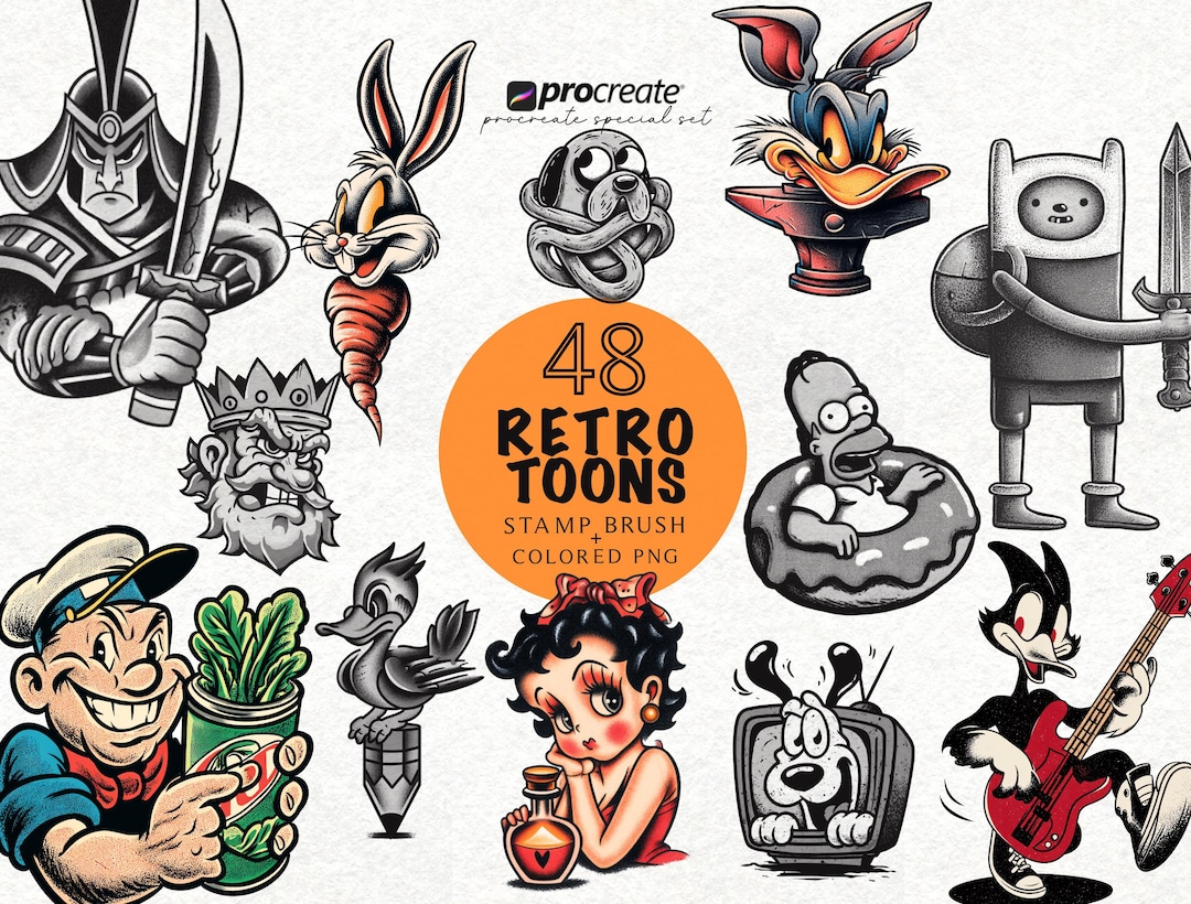 Traditional Tattoo Stamp Brushes for Procreate Old School Cartoon ...