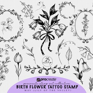 Puede incluir: Una colección de 25 ilustraciones florales en blanco y negro, que incluyen coronas, ramos y tallos de flores individuales. El texto dice "BIRTH FLOWER TATTOO STAMP MAY (LILY OF THE VALLEY)" en una pancarta morada.