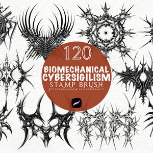 May include: A collection of 120 black and white biomechanical and cybersigilism stamp brushes. The designs include intricate, spiky, and geometric shapes, with a variety of complex patterns. The image features a circular graphic with the text "120 BIOMECHANICAL CYBERSIGILISM STAMP BRUSH".