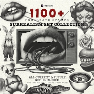 May include: A black and white illustration featuring surrealist imagery. The image includes a large mouth with wires, a rabbit in overalls, and a woman with angel wings. Text reads "1100+ Procreate Stamps Surrealism Set Collection."