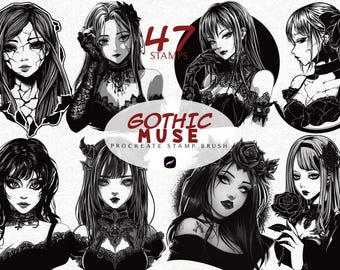 Gothic Anime Tattoo Stamps for Procreate, Procreate Stamps Anime, Digital Flash Tattoo Procreate Brush Set Bundle, Artistic Tattoo Flash