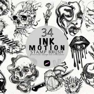 Può includere: Una collezione di 34 pennelli timbro a inchiostro per Procreate, con illustrazioni in bianco e nero. I disegni includono teschi, volti, mani, una clessidra e altri elementi artistici. Il testo "34 INK MOTION STAMP BRUSH" è visibile.