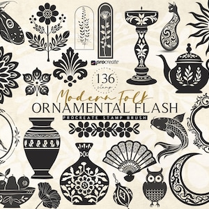 Op de afbeelding: Een verzameling van 136 zwart-witte ornamentstempels, waaronder een mot, bloemen, vazen, een theepot, een kat, een zon en een vogel in een lijst. De tekst "Modern Folk Ornamental Flash" is ook aanwezig.