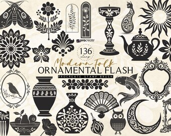 Modern Folk Art Ornamental Procreate Tattoo Brush Stamp Vintage Tattoo Flash Sheet Procreate Brush Set Digital Download Commercial Use