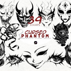 May include: A collection of 39 black and white stamp designs featuring various stylized masks and demonic faces. The text "Cursed Phantom Procreate Stamp Brush" is displayed in red. The designs include horns, eyes, and animal-like features.