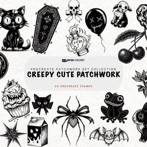 May include: A digital collection of 29 black and white Procreate stamps titled Creepy Cute Patchwork. The set features illustrations of a cat, coffin, skull, balloon, ghost, cupcake, spider, frog, bat, rabbit, and other gothic-inspired motifs.