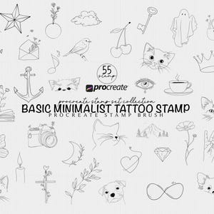 May include: A collection of 55 minimalist tattoo stamp designs in black ink. The designs include a variety of objects such as animals, flowers, and symbols. The text "BASIC MINIMALIST TATTOO STAMP" is displayed below the stamps.