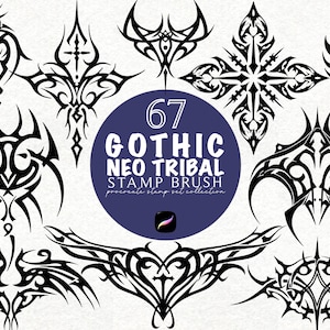 May include: A collection of 67 black Neo Tribal stamp brushes. The image features various tribal designs, including crosses, abstract shapes, and symmetrical patterns. A circular graphic in the center reads "67 GOTHIC NEO TRIBAL STAMP BRUSH".