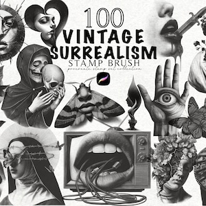 May include: A set of 100 vintage surrealism stamp brushes for Procreate, showcasing black and white illustrations of faces, moths, hands, and other artistic elements. The text "100 Vintage Surrealism" is displayed prominently.