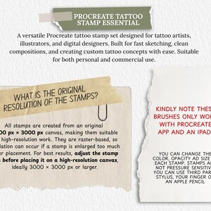 May include: Digital Procreate tattoo stamp set essential for artists and designers. Includes information on stamp resolution, 3000 x 3000 px, and usage with Procreate app on iPad. Change color, opacity, and size.