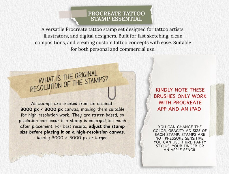 May include: Digital Procreate tattoo stamp set essential for artists and designers. Includes information on stamp resolution, 3000 x 3000 px, and usage with Procreate app on iPad. Change color, opacity, and size.
