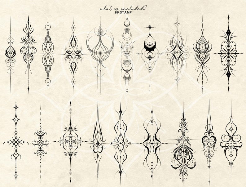 May include: A collection of 16 black and white decorative design stamps with intricate, symmetrical patterns. The designs include floral, geometric, and abstract elements. The text "what is included? 86 STAMP" is at the top.