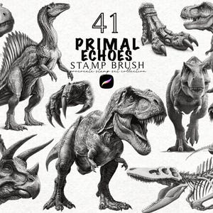 Könnte beinhalten: Eine digitale Sammlung von 41 Primal Echoes Stempel-Pinseln für Procreate mit detaillierten schwarz-weißen Illustrationen im Bleistiftstil von verschiedenen Dinosauriern, darunter ein T-Rex, ein Triceratops und Skelette, auf weißem Grund.