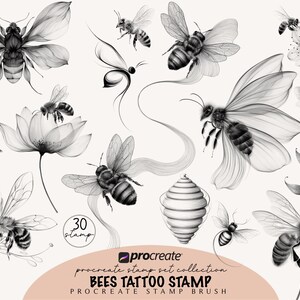 May include: A set of 30 grayscale illustrations of bees, flowers, and a beehive. The image includes the text "Bees Tattoo Stamp" and "Procreate Stamp Set Collection". The illustrations are suitable for digital art.