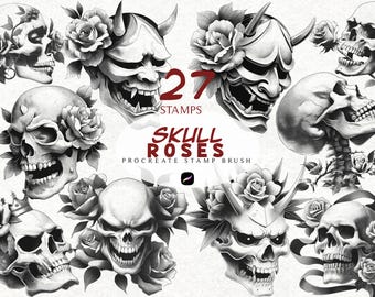 Anime Skull Roses Procreate Stempelborstel Set Japanse Schedel Tattoo Bundel Borstel Bloemen Oni Masker Tattoo Flash Stempel Procreate