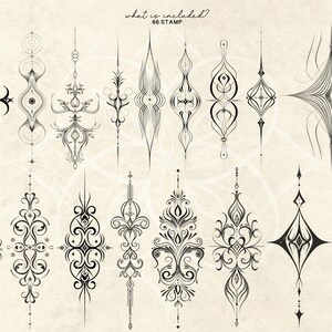 May include: A collection of 14 black and white ornamental designs, each with unique symmetrical patterns and intricate details. The designs vary in shape, including elongated, diamond, and floral motifs. The text "what is included? 86 STAMP" is at the top.