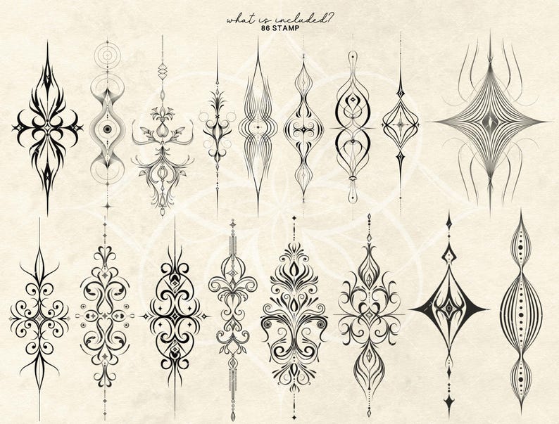 May include: A collection of 14 black and white ornamental designs, each with unique symmetrical patterns and intricate details. The designs vary in shape, including elongated, diamond, and floral motifs. The text "what is included? 86 STAMP" is at the top.