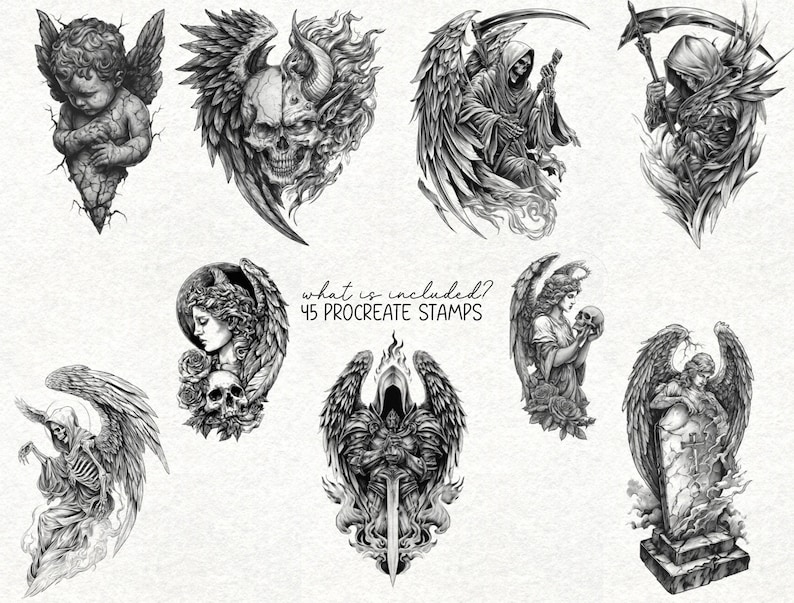Gothic Angel Tattoo Procreate Stamps: Dark Mystical Brush Set (digital ...