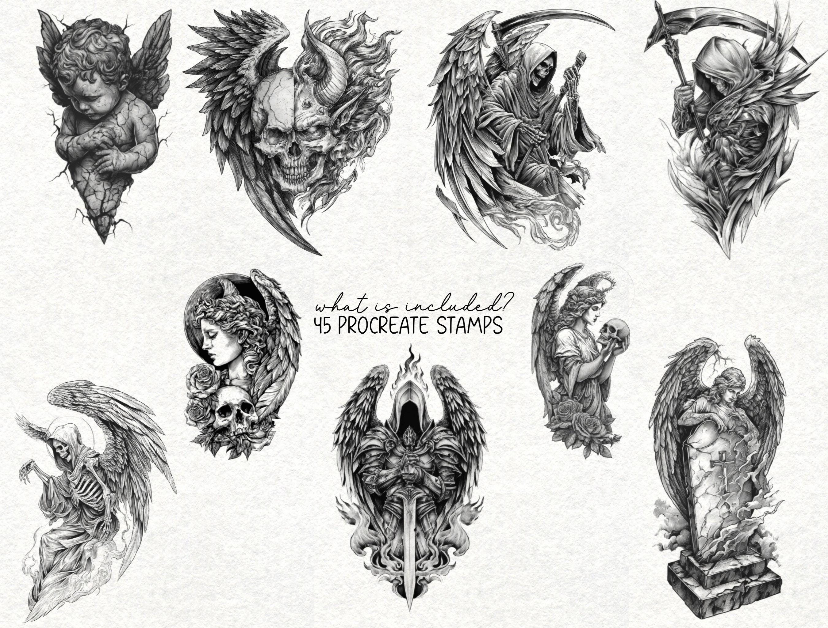 Gothic Angel Tattoo Procreate Stamps: Dark Mystical Brush Set (digital ...