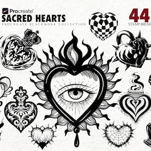 May include: Black and white illustrations of various heart designs, including a checkered heart, a heart with an eye, and a heart with a crown. The text "Sacred Hearts Procreate Blackwork Collection" and "44 Stamp Brush" are also visible.