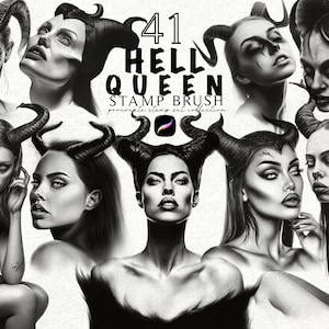 Könnte beinhalten: Eine Sammlung digitaler Kunstwerke in Graustufen, die mehrere Porträts von Frauen mit Hörnern zeigt, die als dämonische Figuren gestaltet sind. Der Text "41 HELL QUEEN STAMP BRUSH" ist zu sehen. Geeignet für digitale Kunstliebhaber.