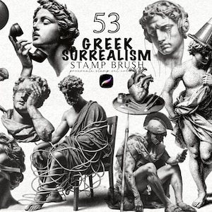 May include: A digital art set titled "53 Greek Surrealism Stamp Brush" featuring black and white illustrations of classical sculptures and surreal elements. The Procreate stamp set includes various busts, figures, and artistic compositions.
