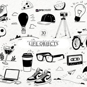 May include: Black and white line art illustrations of everyday objects, including roller skates, a slice of pizza, a hot air balloon, a camera on a tripod, a bicycle, and a laptop. The text "LIFE OBJECTS" is also included.
