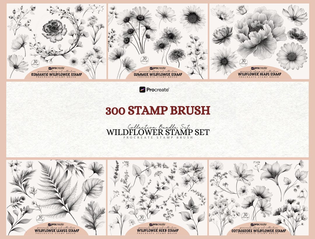 Wildflower Procreate Stamp Brush Set: Botanical Tattoo Design (digital ...